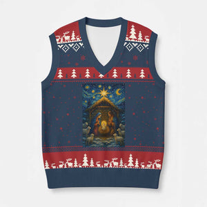 Jesus Xmas V-Neck Knit Sweater Vest Starry Night Nativity Scene Xmas TS14 Navy Red Print Your Wear