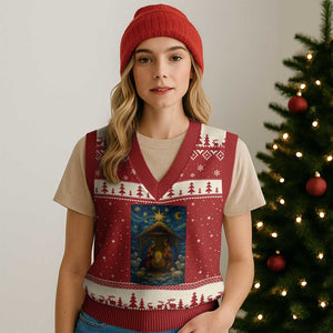 Jesus Xmas V-Neck Knit Sweater Vest Starry Night Nativity Scene Xmas TS14 Red Beige Print Your Wear