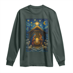 Jesus Christmas Long Sleeve Shirt Starry Night Nativity Scene Xmas TS14 Dark Forest Green Print Your Wear