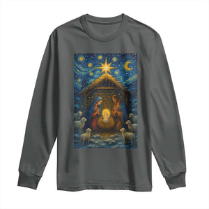 Jesus Christmas Long Sleeve Shirt Starry Night Nativity Scene Xmas TS14 Dark Heather Print Your Wear
