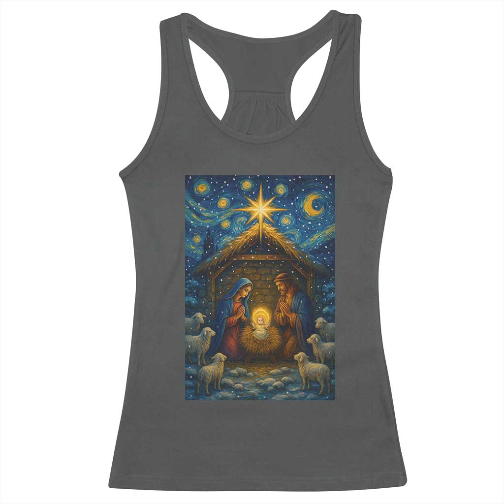Jesus Christmas Racerback Tank Top Starry Night Nativity Scene Xmas TS14 Dark Heather Print Your Wear