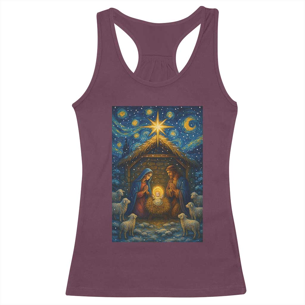 Jesus Christmas Racerback Tank Top Starry Night Nativity Scene Xmas TS14 Maroon Print Your Wear
