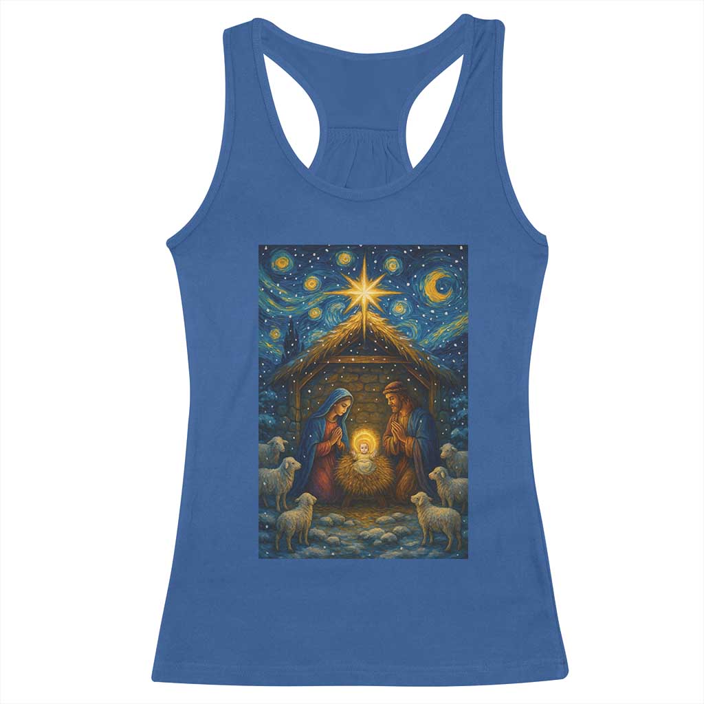 Jesus Christmas Racerback Tank Top Starry Night Nativity Scene Xmas TS14 Royal Blue Print Your Wear