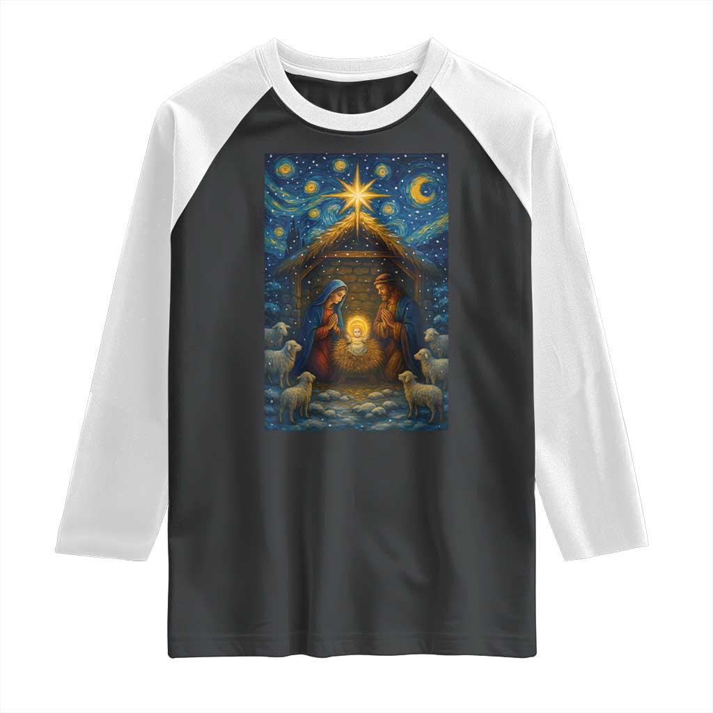 Jesus Christmas Raglan Shirt Starry Night Nativity Scene Xmas TS14 Black White Print Your Wear