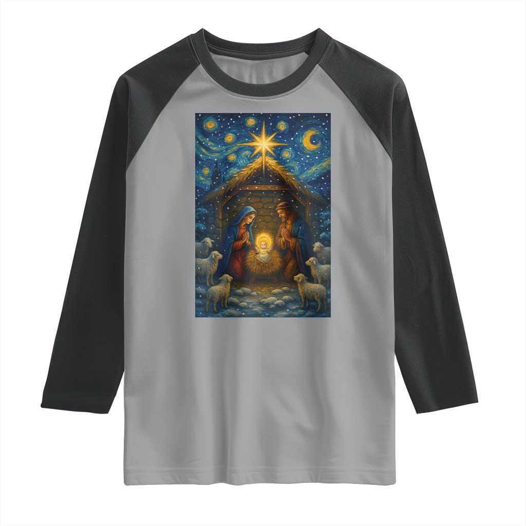 Jesus Christmas Raglan Shirt Starry Night Nativity Scene Xmas TS14 Sport Gray Black Print Your Wear