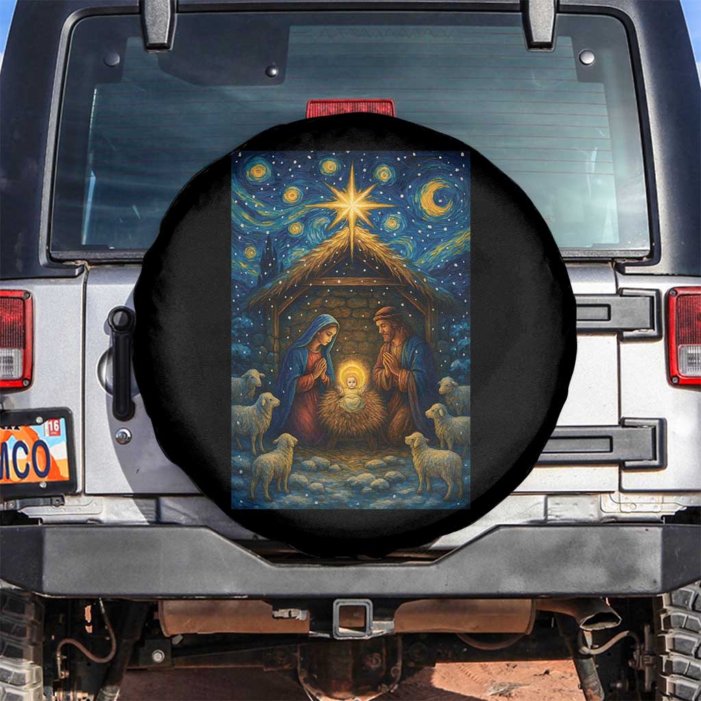 Jesus Christmas Spare Tire Cover Starry Night Nativity Scene Xmas TS14 No hole Black Print Your Wear