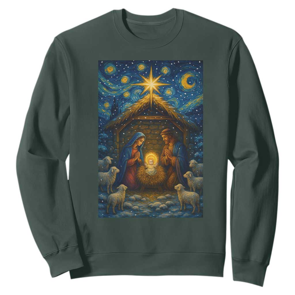 Jesus Christmas Sweatshirt Starry Night Nativity Scene Xmas TS14 Dark Forest Green Print Your Wear