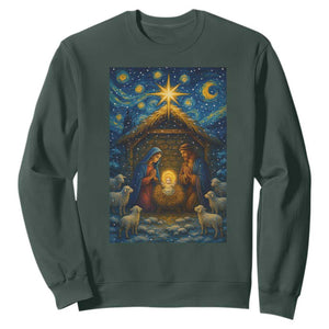 Jesus Christmas Sweatshirt Starry Night Nativity Scene Xmas TS14 Dark Forest Green Print Your Wear