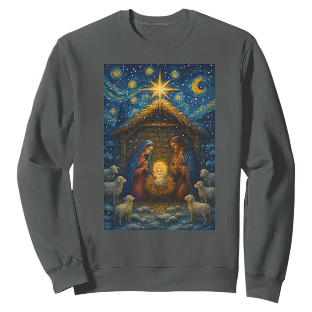 Jesus Christmas Sweatshirt Starry Night Nativity Scene Xmas TS14 Dark Heather Print Your Wear