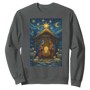 Jesus Christmas Sweatshirt Starry Night Nativity Scene Xmas TS14 Dark Heather Print Your Wear