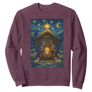 Jesus Christmas Sweatshirt Starry Night Nativity Scene Xmas TS14 Maroon Print Your Wear