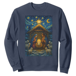 Jesus Christmas Sweatshirt Starry Night Nativity Scene Xmas TS14 Navy Print Your Wear