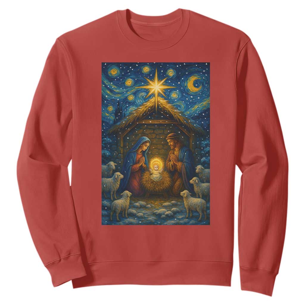 Jesus Christmas Sweatshirt Starry Night Nativity Scene Xmas TS14 Red Print Your Wear