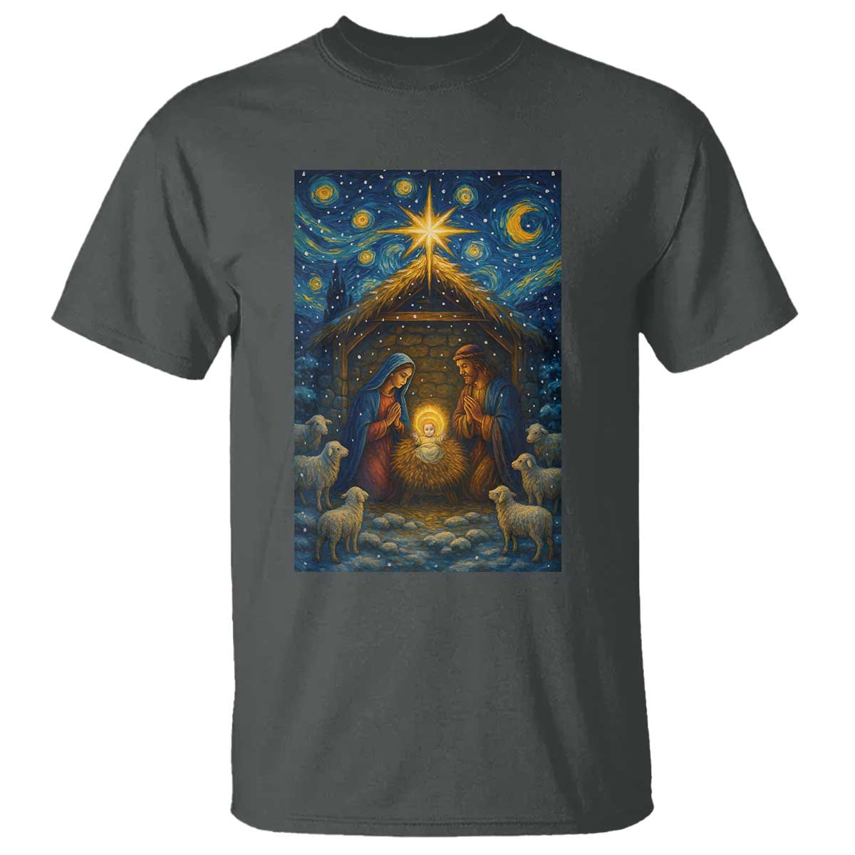 Jesus Christmas T Shirt Starry Night Nativity Scene Xmas TS14 Dark Heather Print Your Wear