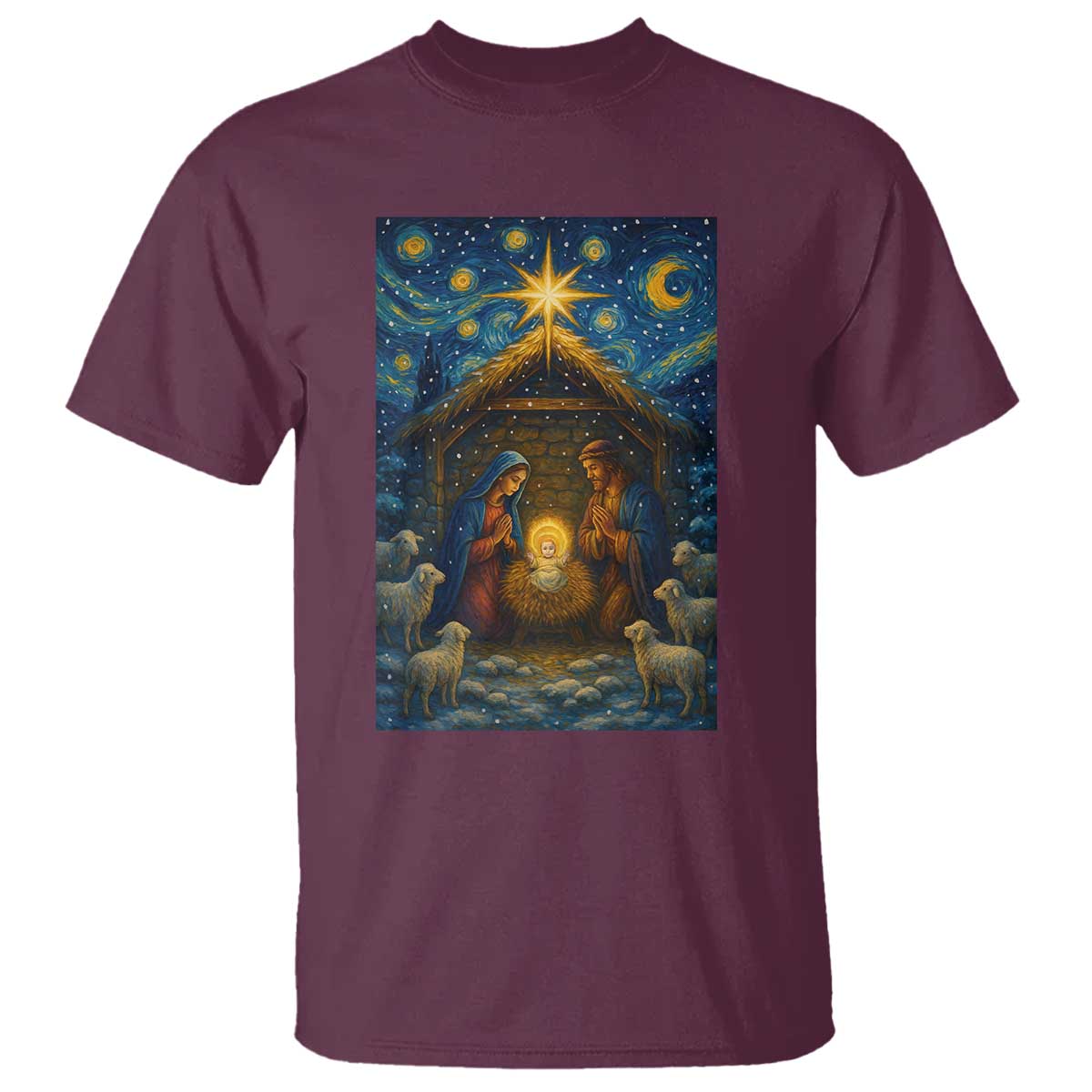 Jesus Christmas T Shirt Starry Night Nativity Scene Xmas TS14 Maroon Print Your Wear