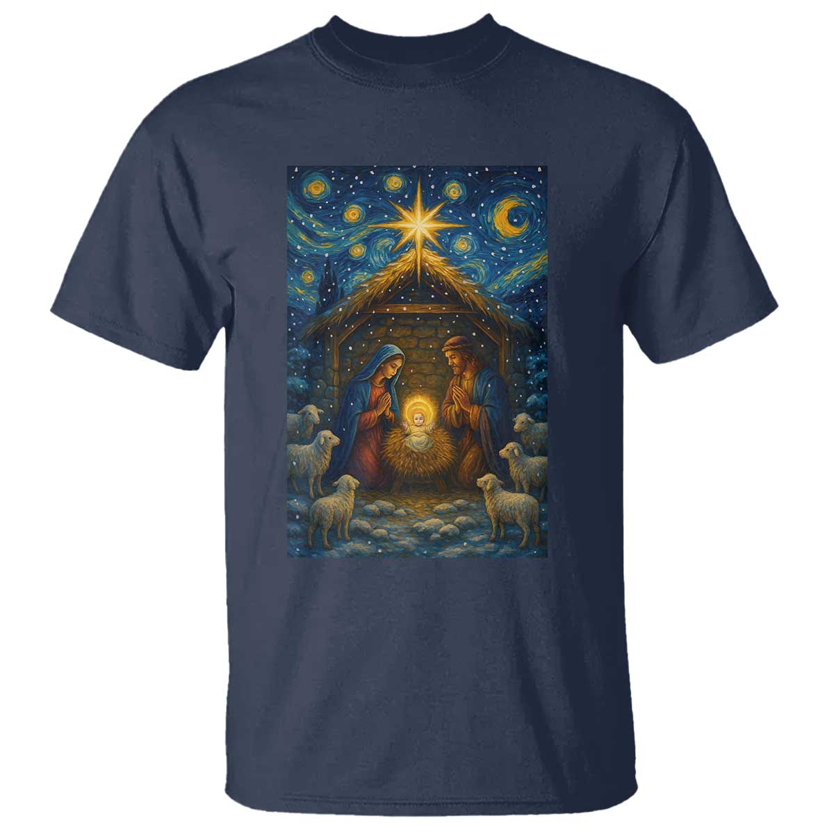 Jesus Christmas T Shirt Starry Night Nativity Scene Xmas TS14 Navy Print Your Wear