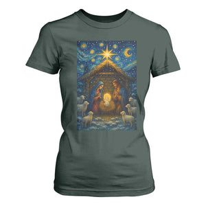Jesus Christmas T Shirt For Women Starry Night Nativity Scene Xmas TS14 Dark Forest Green Print Your Wear