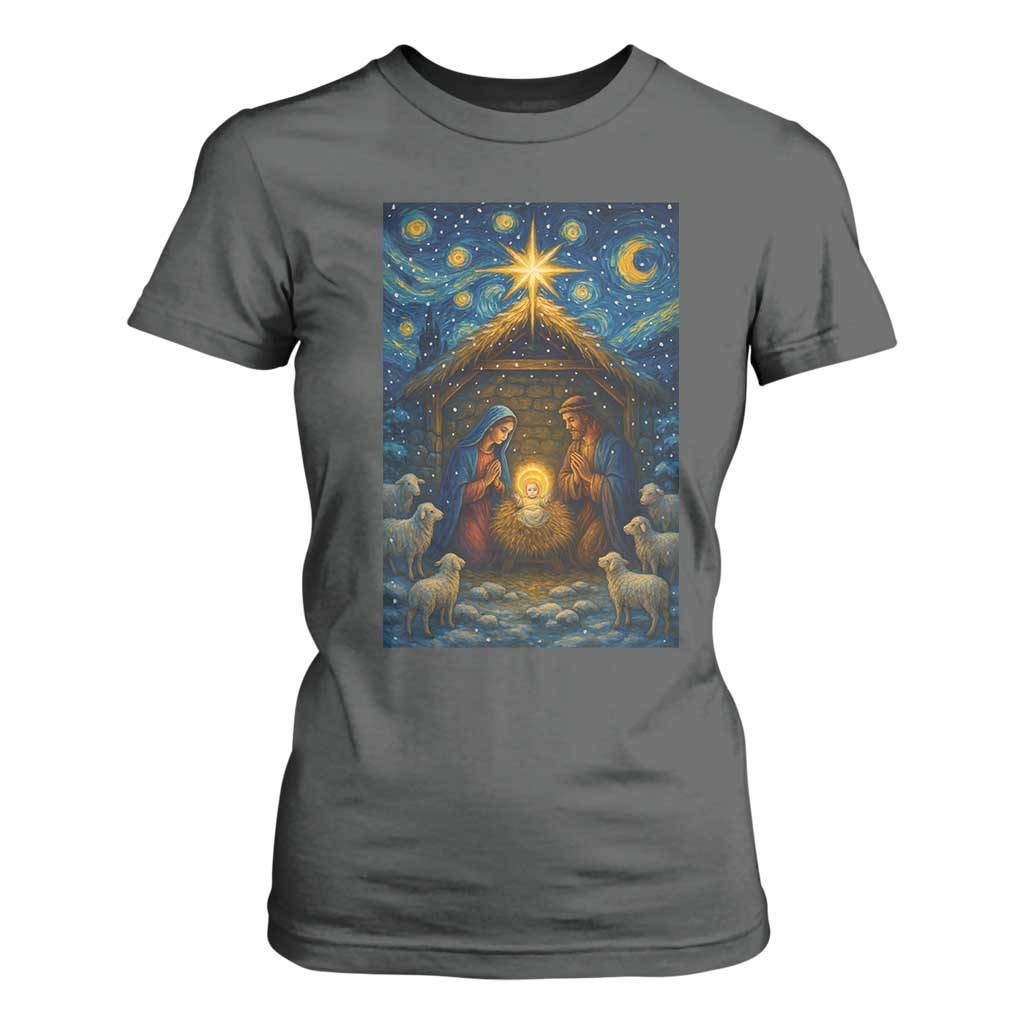 Jesus Christmas T Shirt For Women Starry Night Nativity Scene Xmas TS14 Dark Heather Print Your Wear