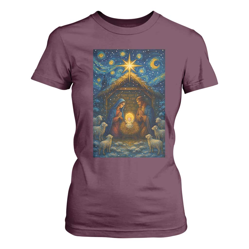 Jesus Christmas T Shirt For Women Starry Night Nativity Scene Xmas TS14 Maroon Print Your Wear