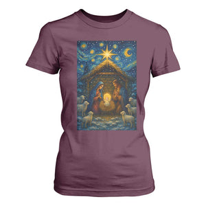 Jesus Christmas T Shirt For Women Starry Night Nativity Scene Xmas TS14 Maroon Print Your Wear