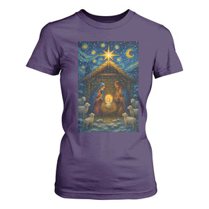 Jesus Christmas T Shirt For Women Starry Night Nativity Scene Xmas TS14 Purple Print Your Wear