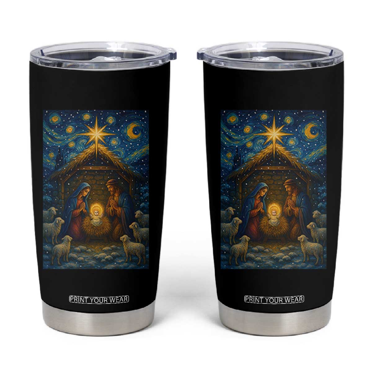 Jesus Christmas Tumbler Cup Starry Night Nativity Scene Xmas TS14 Black Print Your Wear