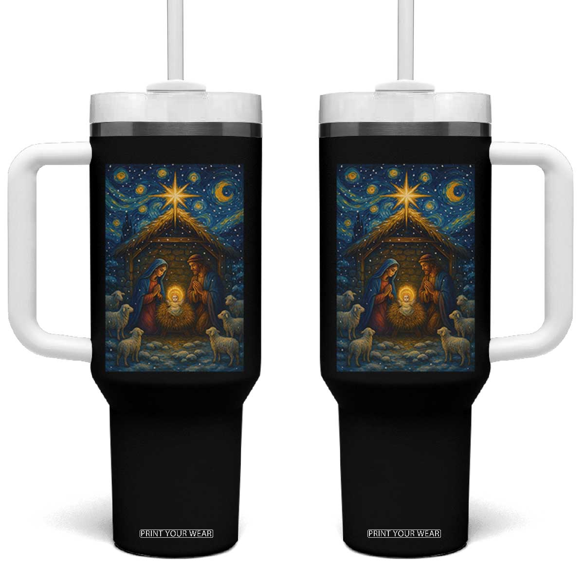 Jesus Christmas Tumbler With Handle Starry Night Nativity Scene Xmas TS14 One Size: 40 oz Black Print Your Wear
