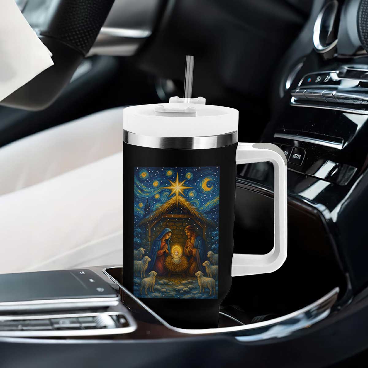 Jesus Christmas Tumbler With Handle Starry Night Nativity Scene Xmas TS14 Print Your Wear