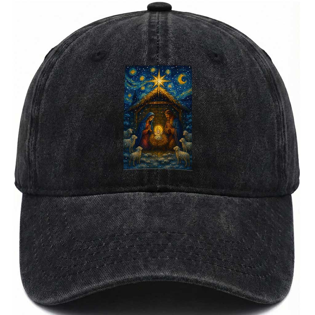 Jesus Christmas Washed Cotton Baseball Cap Starry Night Nativity Scene Xmas TS14 Washed Cap Universal Fit Black Print Your Wear