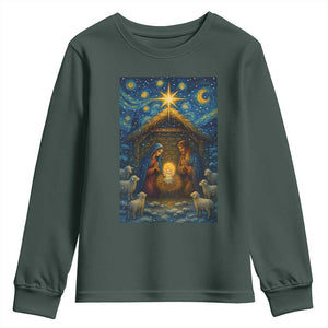 Jesus Christmas Youth Sweatshirt Starry Night Nativity Scene Xmas TS14 Dark Forest Green Print Your Wear