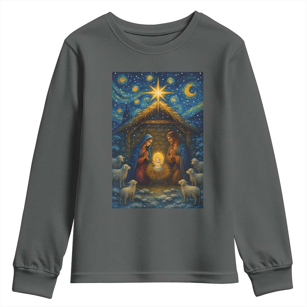 Jesus Christmas Youth Sweatshirt Starry Night Nativity Scene Xmas TS14 Dark Heather Print Your Wear