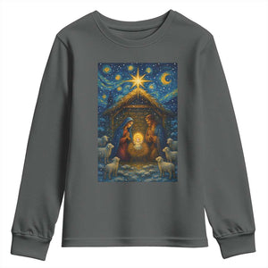 Jesus Christmas Youth Sweatshirt Starry Night Nativity Scene Xmas TS14 Dark Heather Print Your Wear