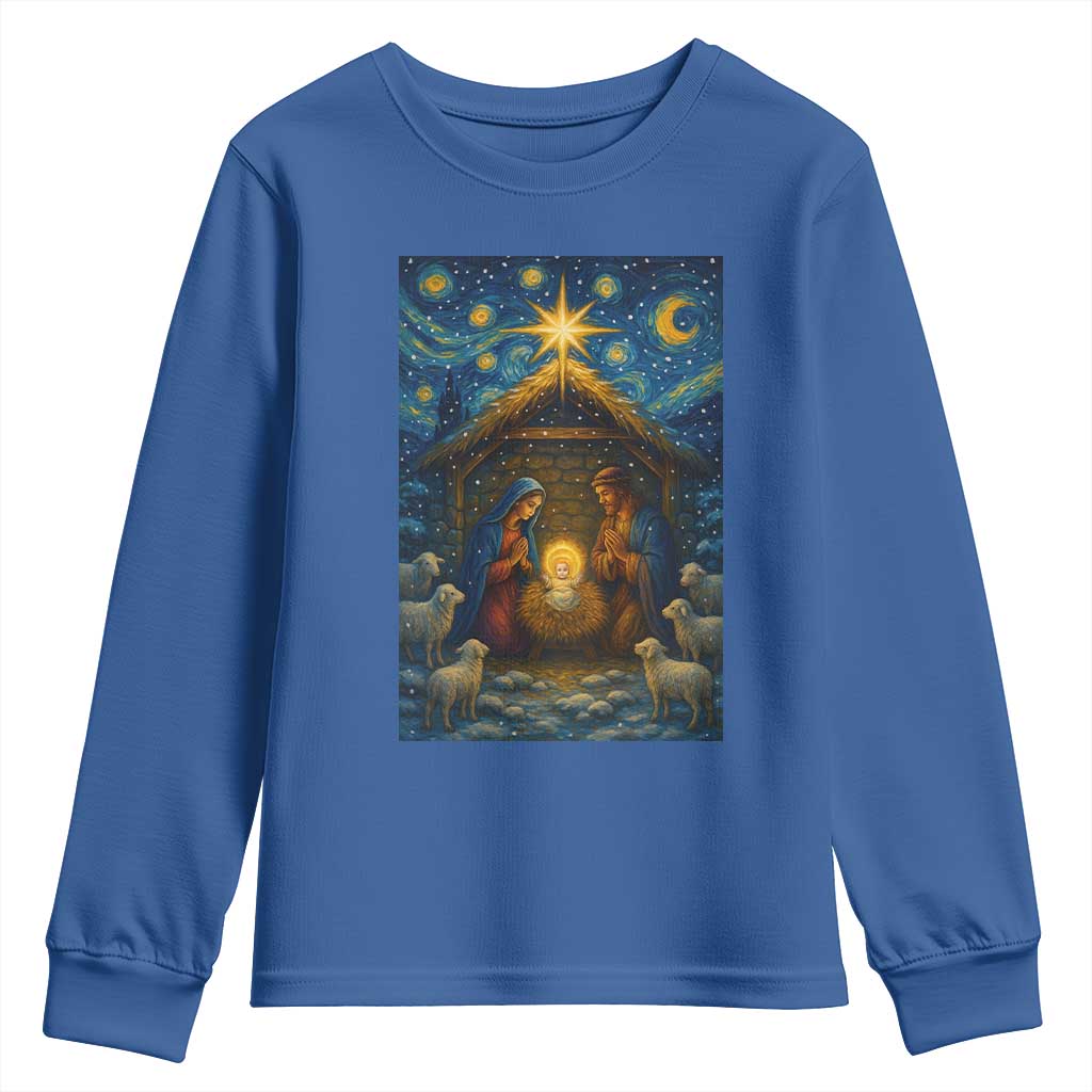 Jesus Christmas Youth Sweatshirt Starry Night Nativity Scene Xmas TS14 Royal Blue Print Your Wear