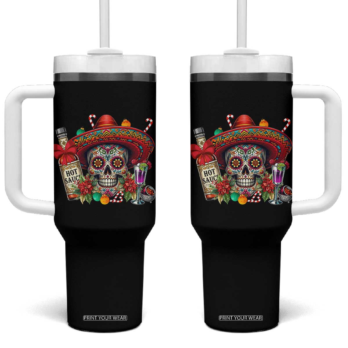 Cinco De Mayo Christmas Tumbler With Handle Mexican Sugar Skull Sombrero Tequila Party TS14 One Size: 40 oz Black Print Your Wear