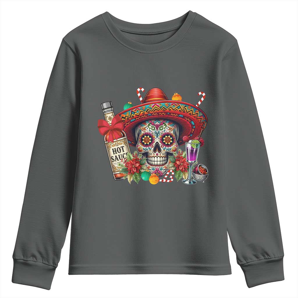 Cinco De Mayo Christmas Youth Sweatshirt Mexican Sugar Skull Sombrero Tequila Party TS14 Dark Heather Print Your Wear