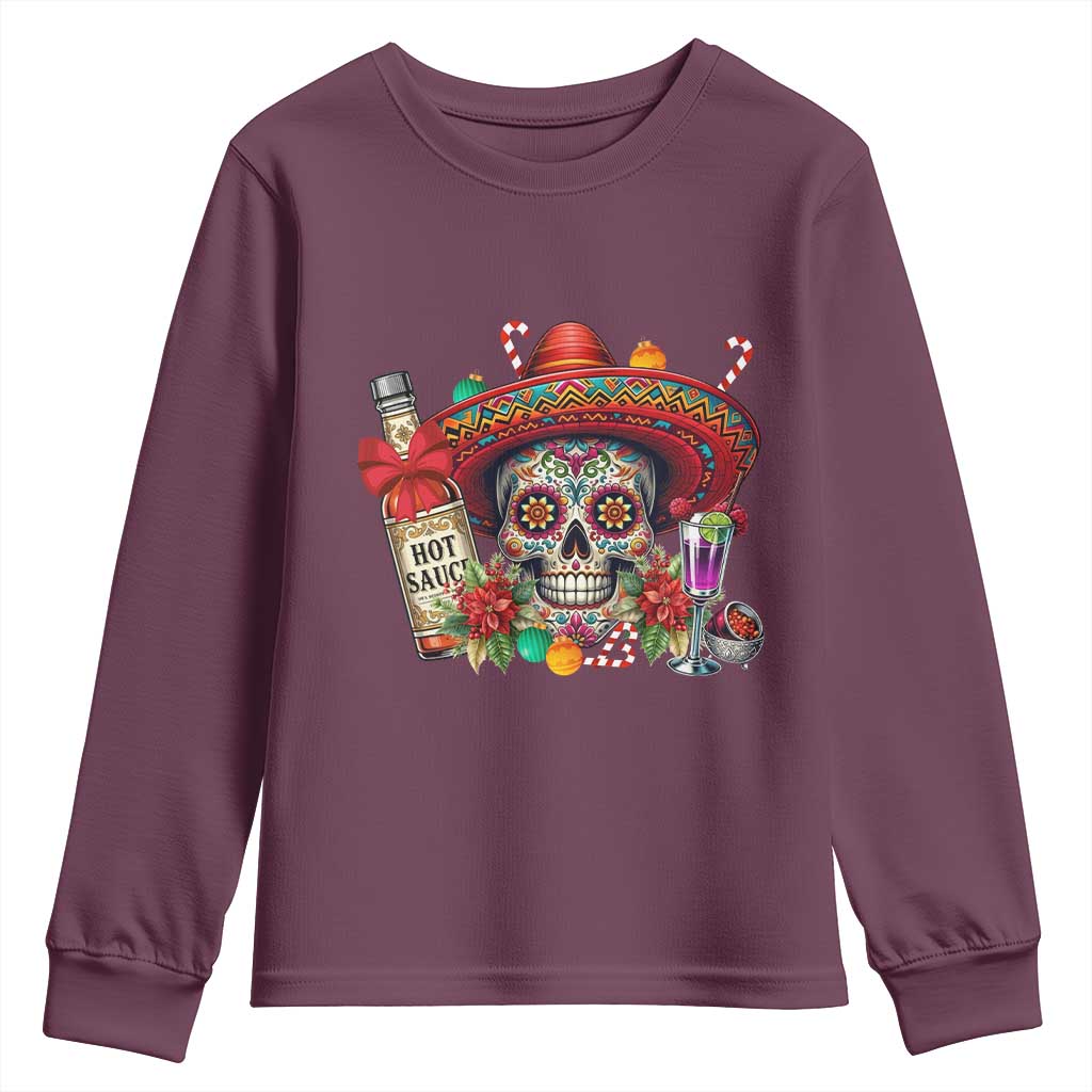 Cinco De Mayo Christmas Youth Sweatshirt Mexican Sugar Skull Sombrero Tequila Party TS14 Maroon Print Your Wear