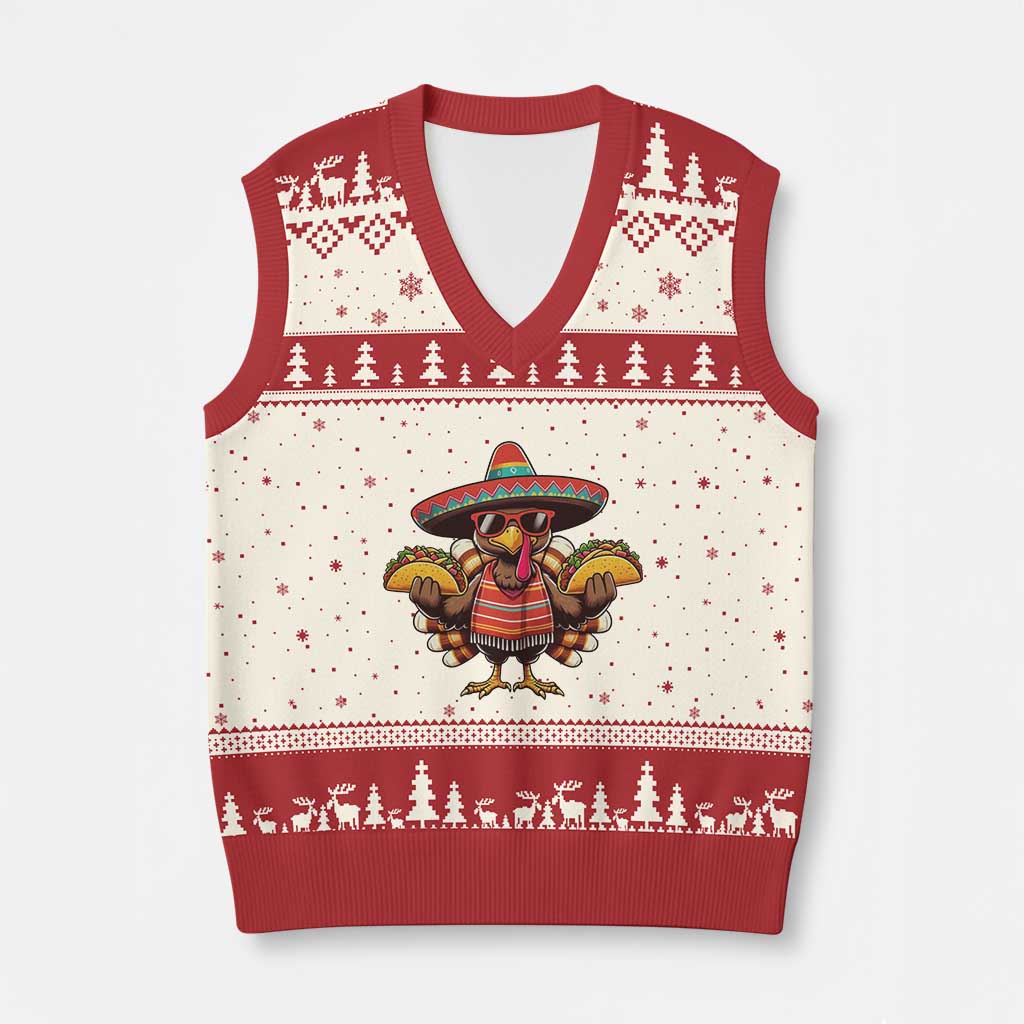 Funny Thanksgiving Turkey V-Neck Knit Sweater Vest Taco Mexican Xmas - Print Your Wear