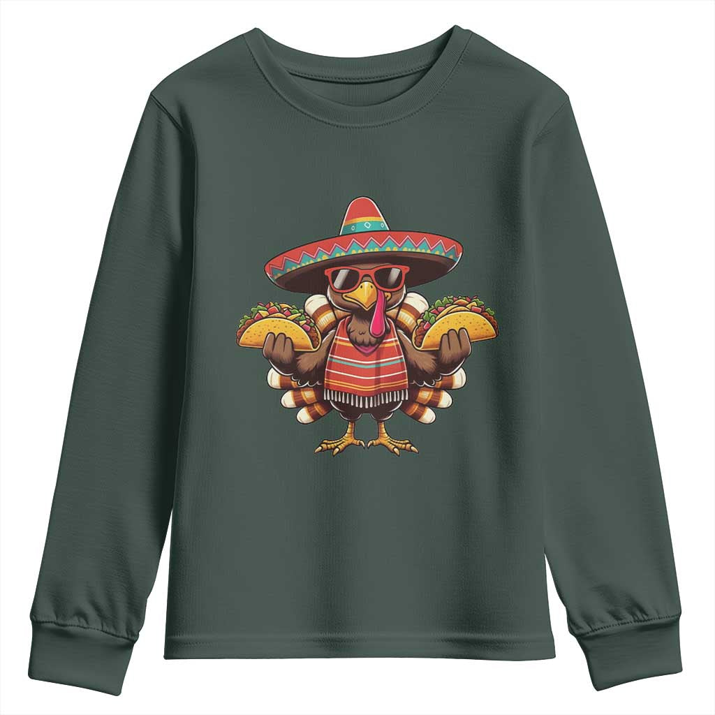 Funny Thanksgiving Turkey Youth Sweatshirt Taco Mexican Christmas TS14 Dark Forest Green Print Your Wear