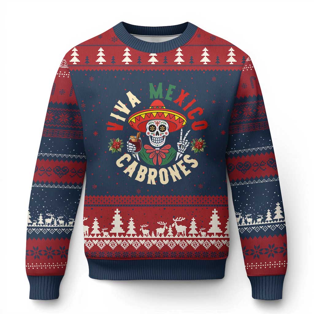 Viva Mexico Cabrones Ugly Christmas Sweater Mexican Skull Xmas TS14 Navy Red Print Your Wear