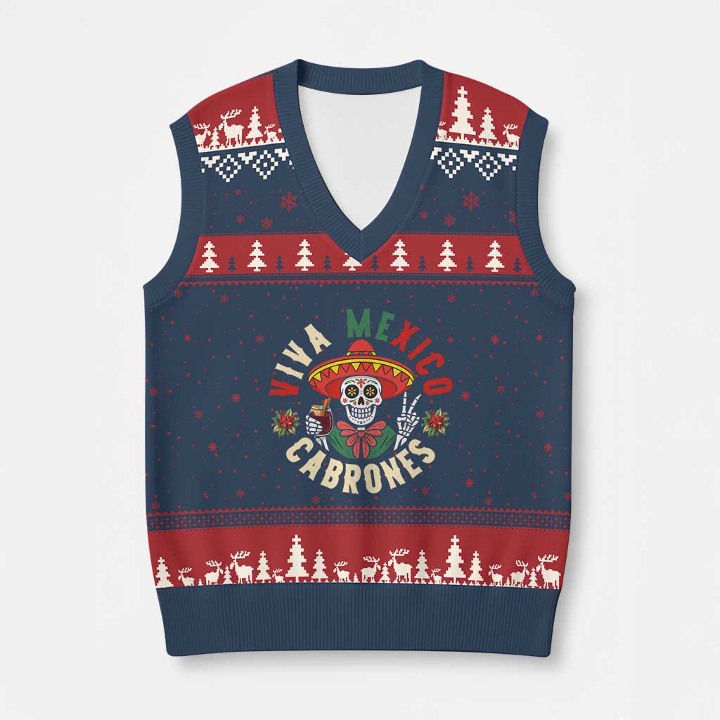 Viva Mexico Cabrones V-Neck Knit Sweater Vest Mexican Skull Xmas - Print Your Wear