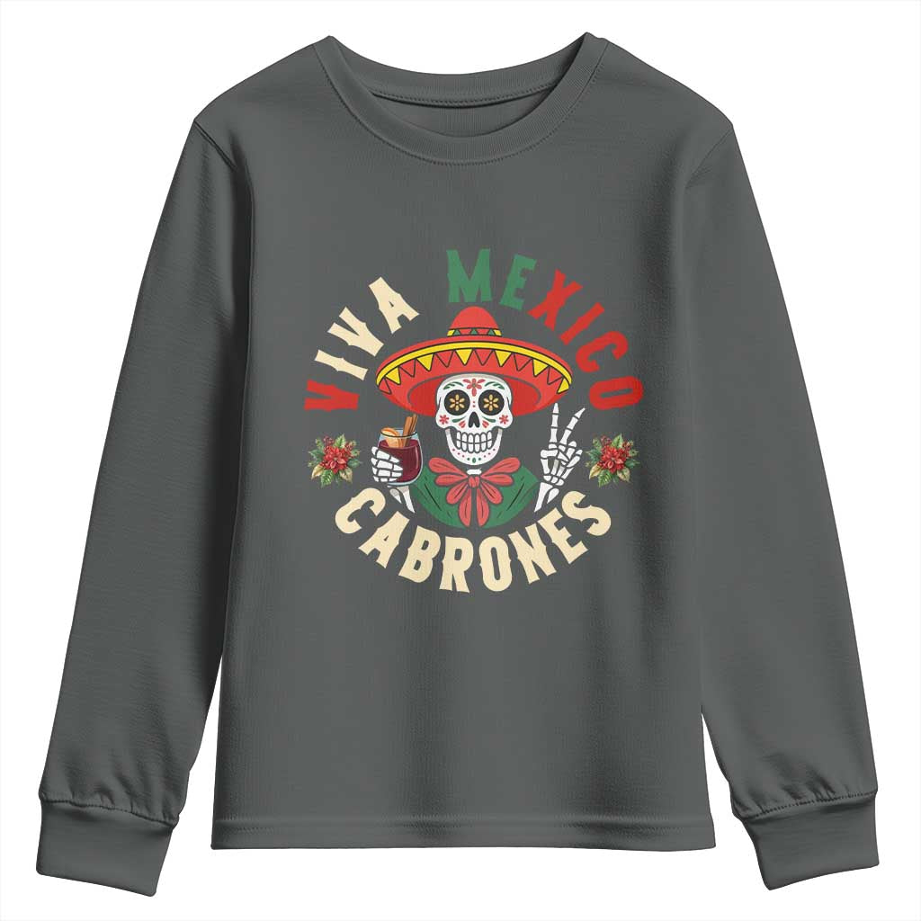 Viva Mexico Cabrones Youth Sweatshirt Mexican Skull Christmas TS14 Dark Heather Print Your Wear