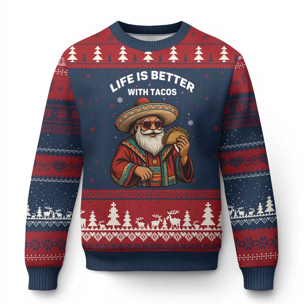 Funny Santa Taco Mexican Ugly Christmas Sweater Life Is Better With Tacos TS14 Navy Red Print Your Wear