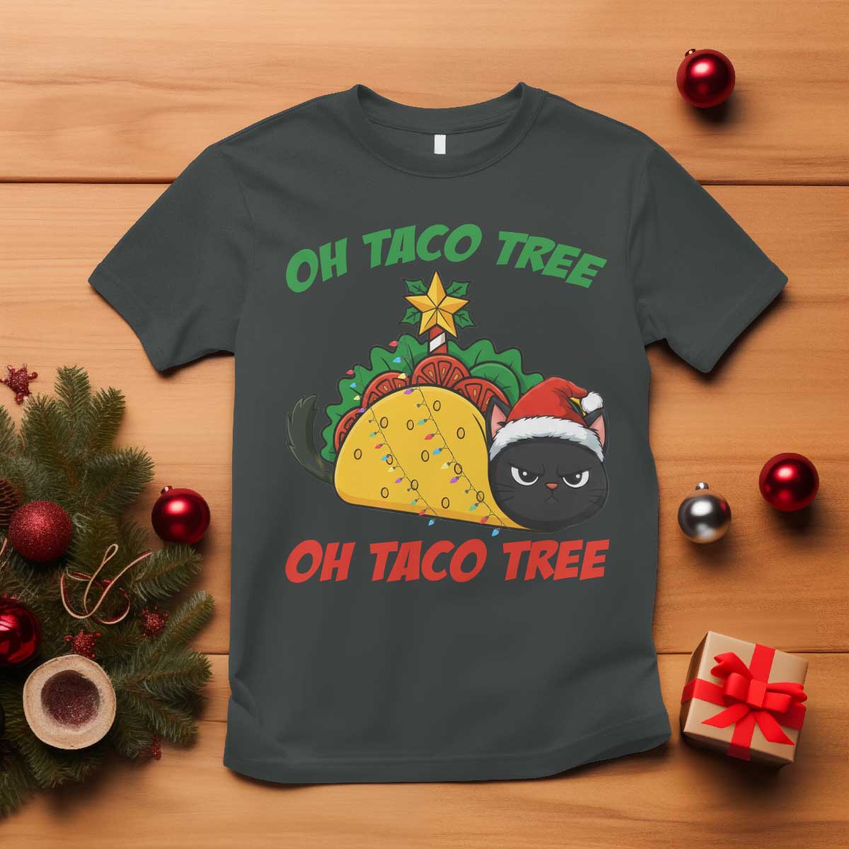 Funny Taco Cat Tree Christmas T Shirt TS14 Dark Heather Print Your Wear