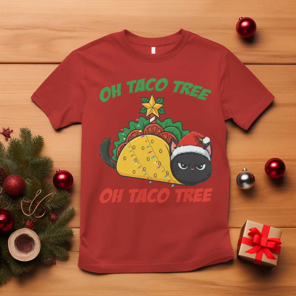 Funny Taco Cat Tree Christmas T Shirt TS14 Red Print Your Wear