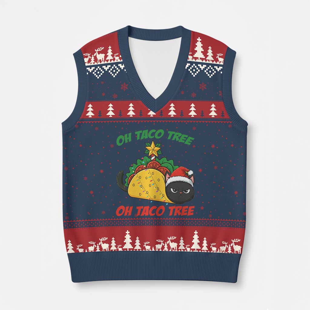 Funny Taco Cat Tree Xmas V-Neck Knit Sweater Vest TS14 Navy Red Print Your Wear