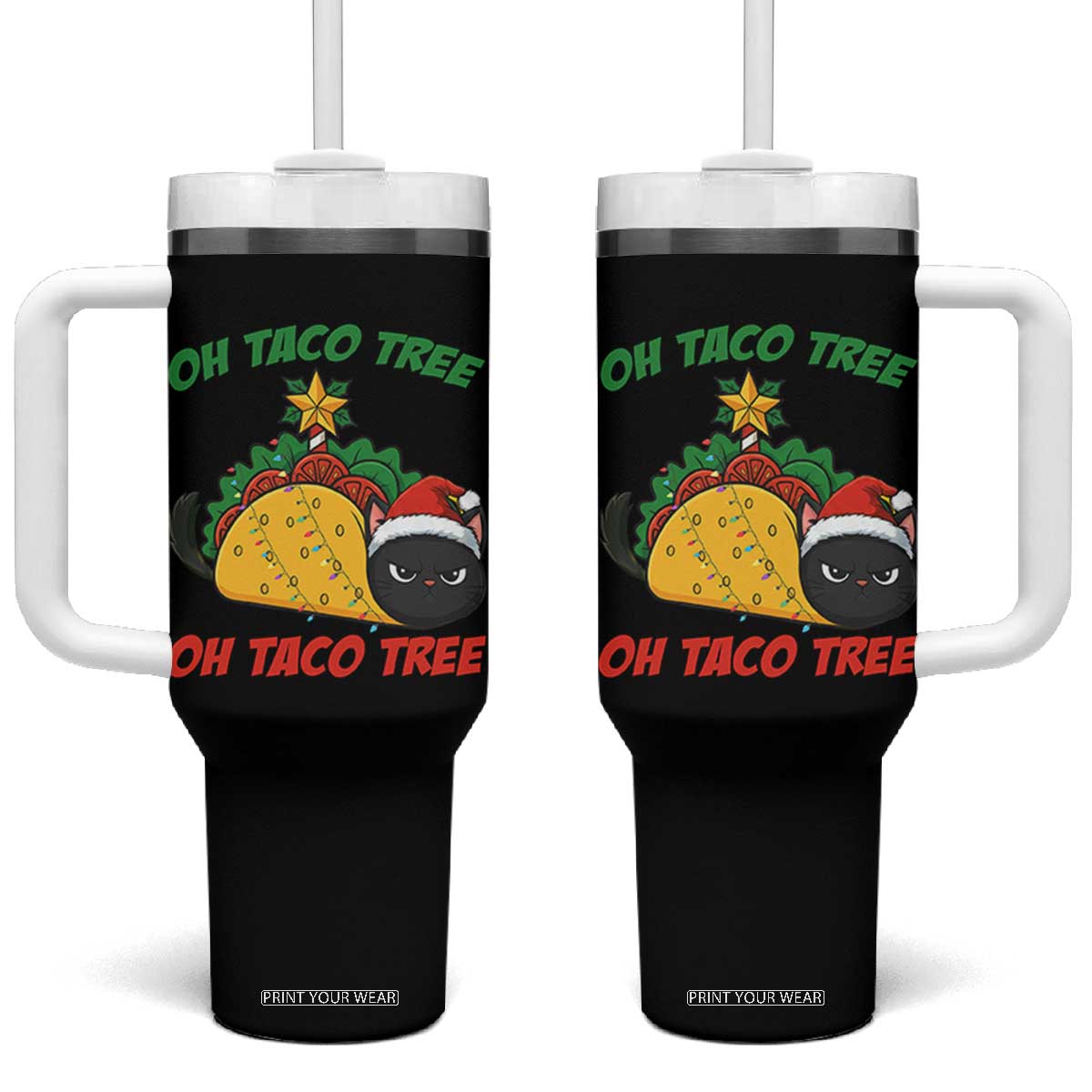 Funny Taco Cat Tree Christmas Tumbler With Handle TS14 One Size: 40 oz Black Print Your Wear
