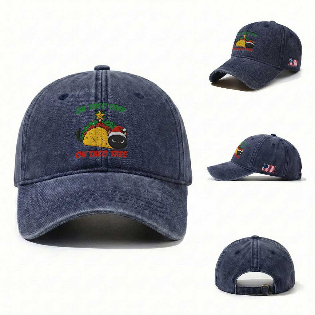 Funny Taco Cat Tree Christmas Washed Cotton Baseball Cap TS14 Washed Cap Universal Fit Navy Print Your Wear