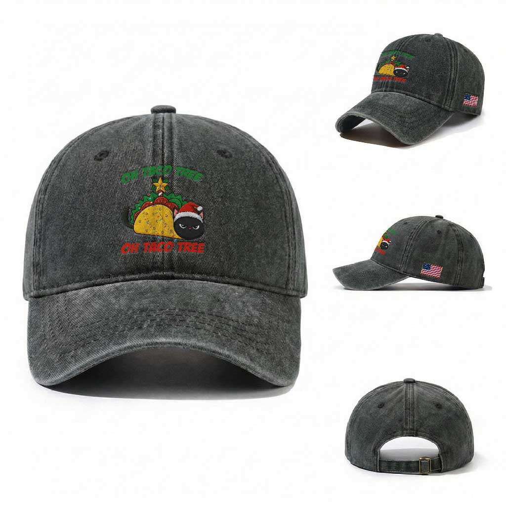 Funny Taco Cat Tree Christmas Washed Cotton Baseball Cap TS14 Washed Cap Universal Fit Dark Green Print Your Wear
