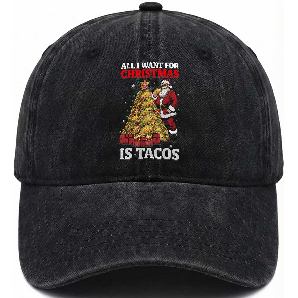 Funny Santa Taco Washed Cotton Baseball Cap All I Want For Christmas Is Taco TS14 Washed Cap Universal Fit Black Print Your Wear