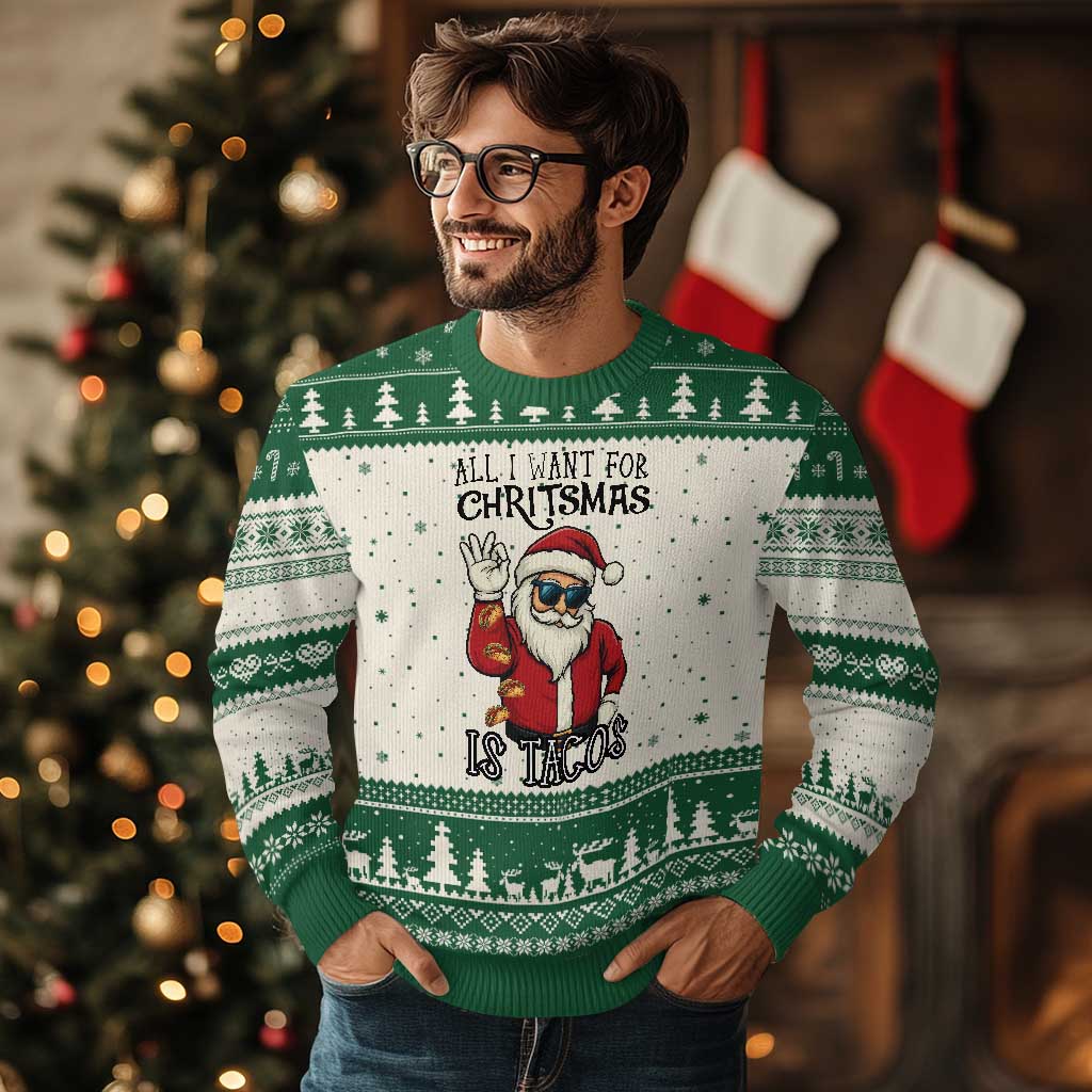 Funny Santa Taco Xmas Ugly Christmas Sweater All I Want For Xmas Is Taco TS14 Beige Green Print Your Wear